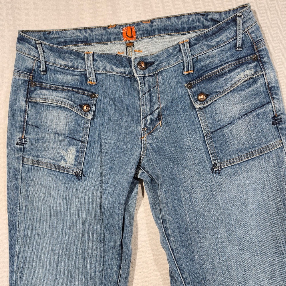 Yanuk Japanese Denim Y2K Low Rise Flap Pocket Flare Leg Women size 29 Distressed